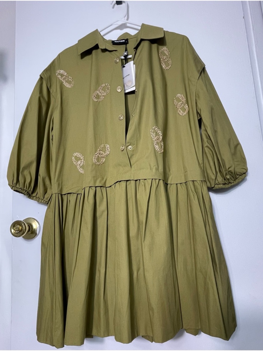 Nocturne Women's Embroidered Balloon Sleeve Dress 100% COTTON SIZE S/M in Khaki